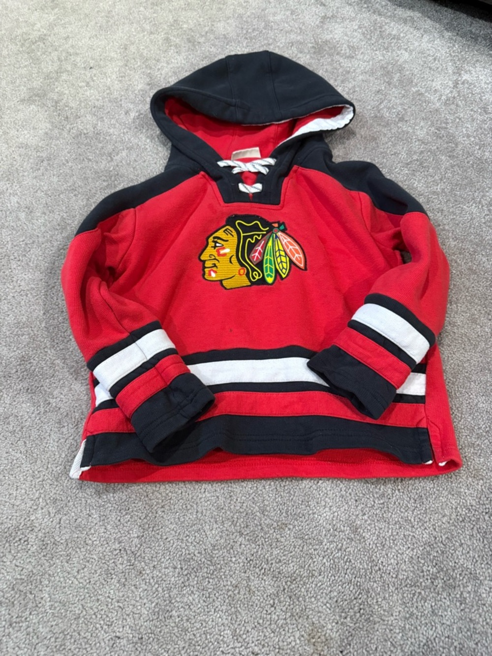 Kids Red & Black Hockey-Style Pullover Hoodie with Chicago Blackhawks Team Patch